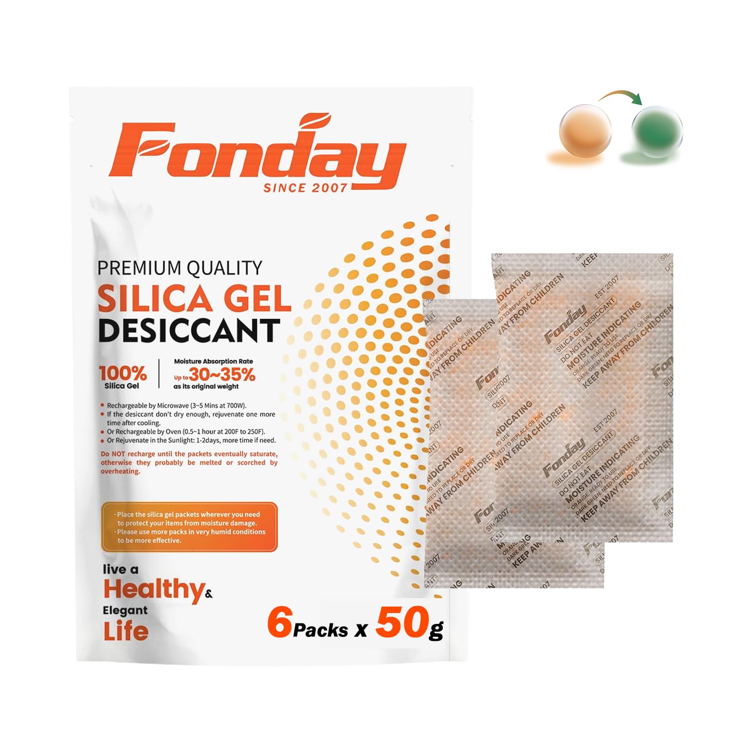 Detalle de Fonday 50 g Silica Gel Desiccant Packs, 6-Pack, Colour-Indicating and Reusable