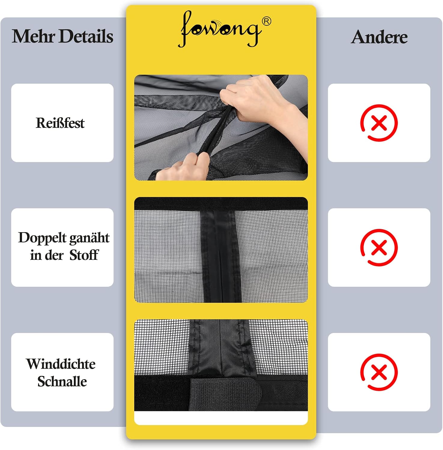 Detalle 2 de fowong Magnet Fliegengitter für Balkontür mit seitlicher Öffnung, 100x210 cm – reißfestes Katzenschutzgitter ohne Bohren