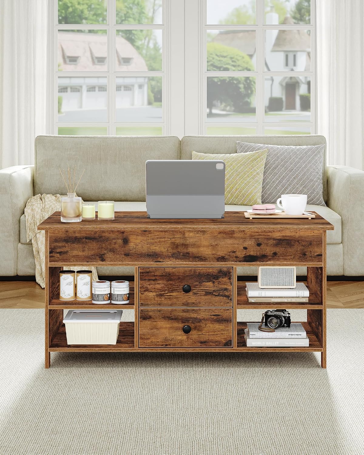 Thumbnail 1 de Hzuaneri Table basse à plateau relevable, 2 tiroirs et rangement caché CT22101B