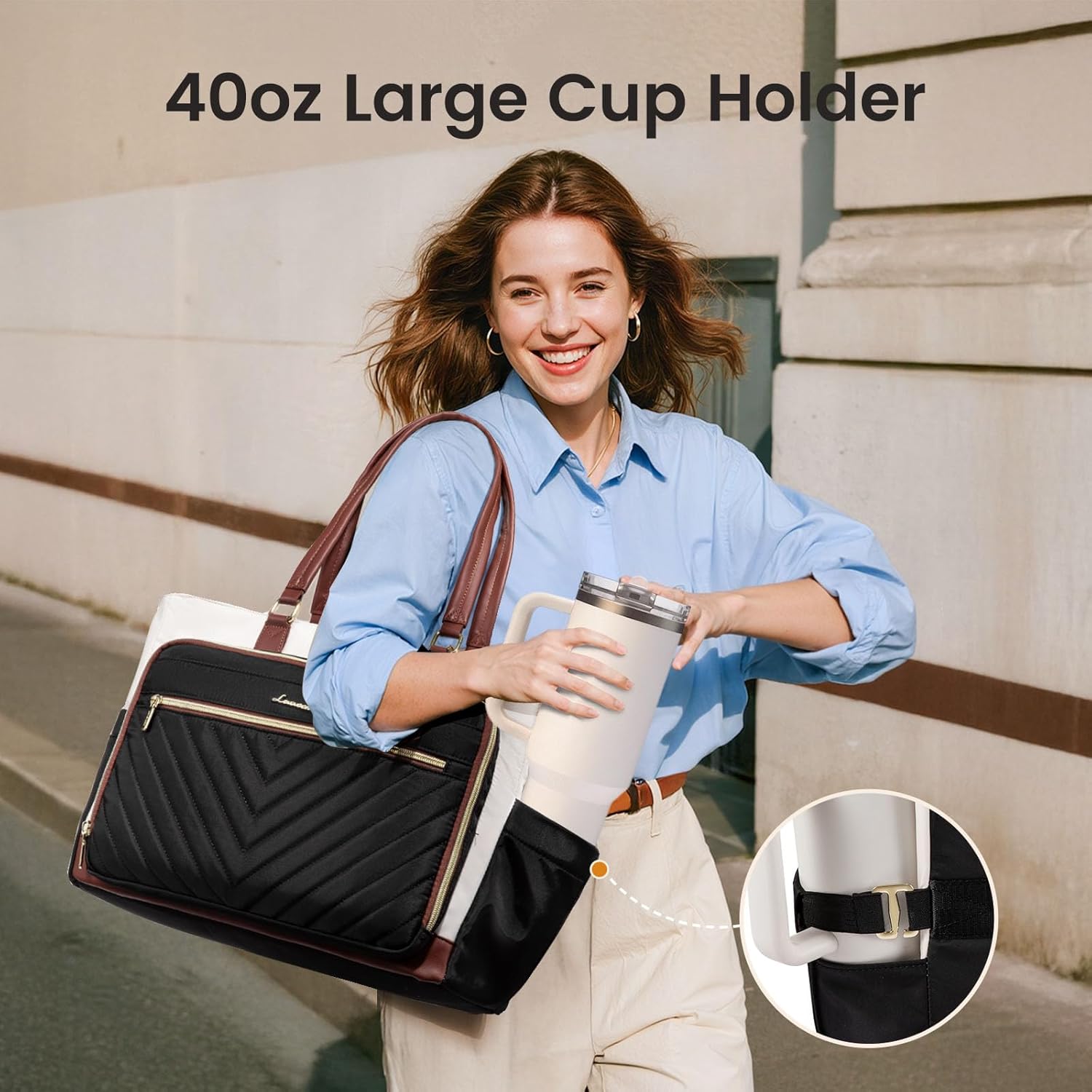 Thumbnail 3 de LOVEVOOK 17 Inch Laptop Tote Bag for Women with Large Cup Holder & Multi-Pockets (Beige/Black/Brown)