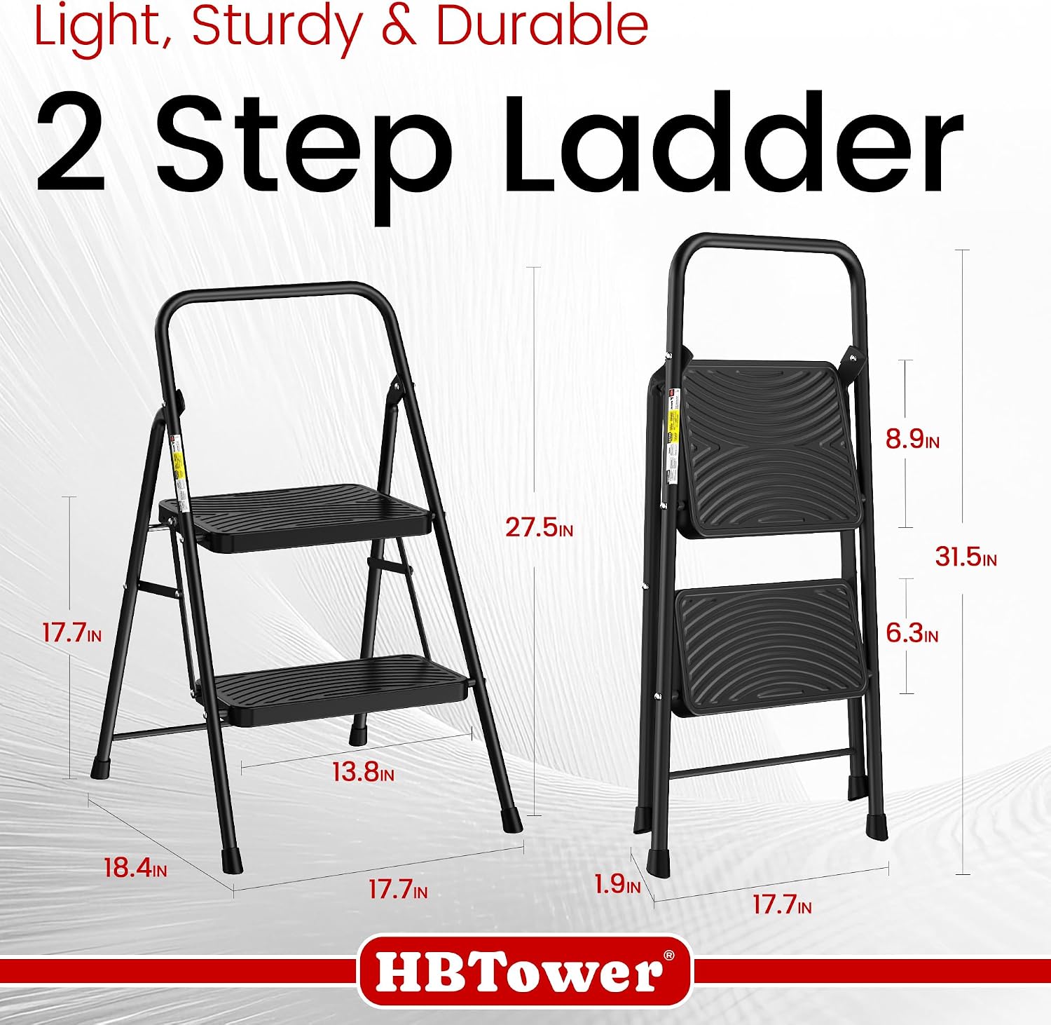 Detalle 2 de HBTower 2-Step Ladder with Wide Anti-Slip Pedals, Folding Steel Frame
