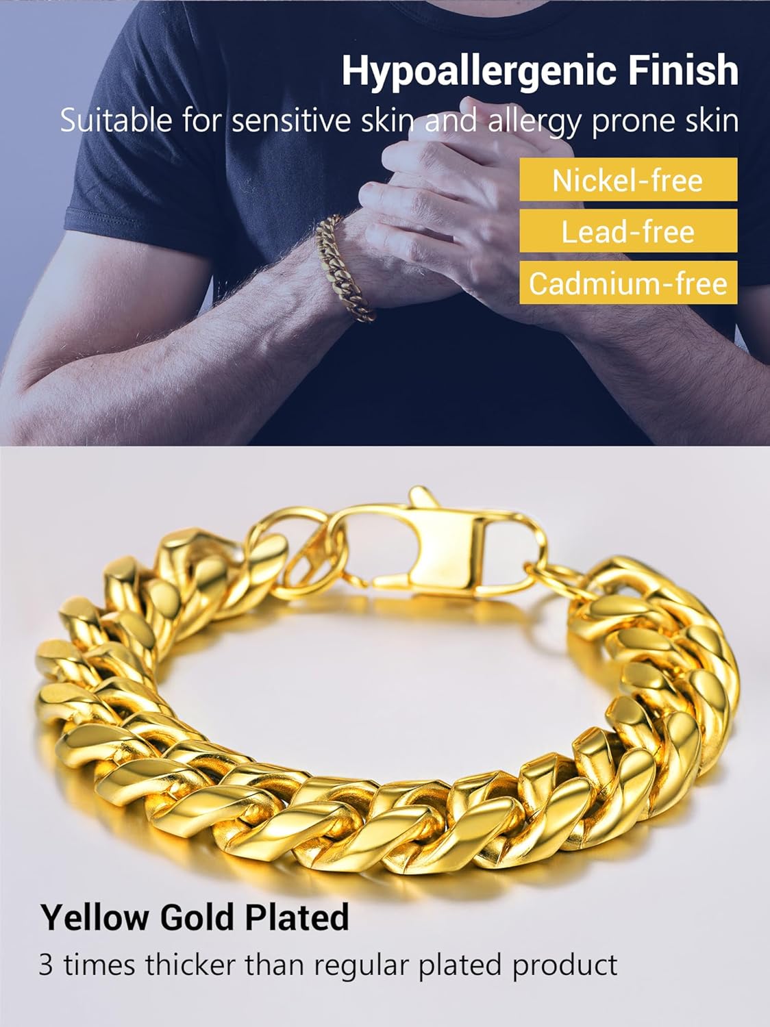 Thumbnail 6 de PROSTEEL Bracciale da Uomo in Acciaio Inossidabile Placcato Oro – Maglie Cubane, L 16/19/21 cm, 4,8–14 mm