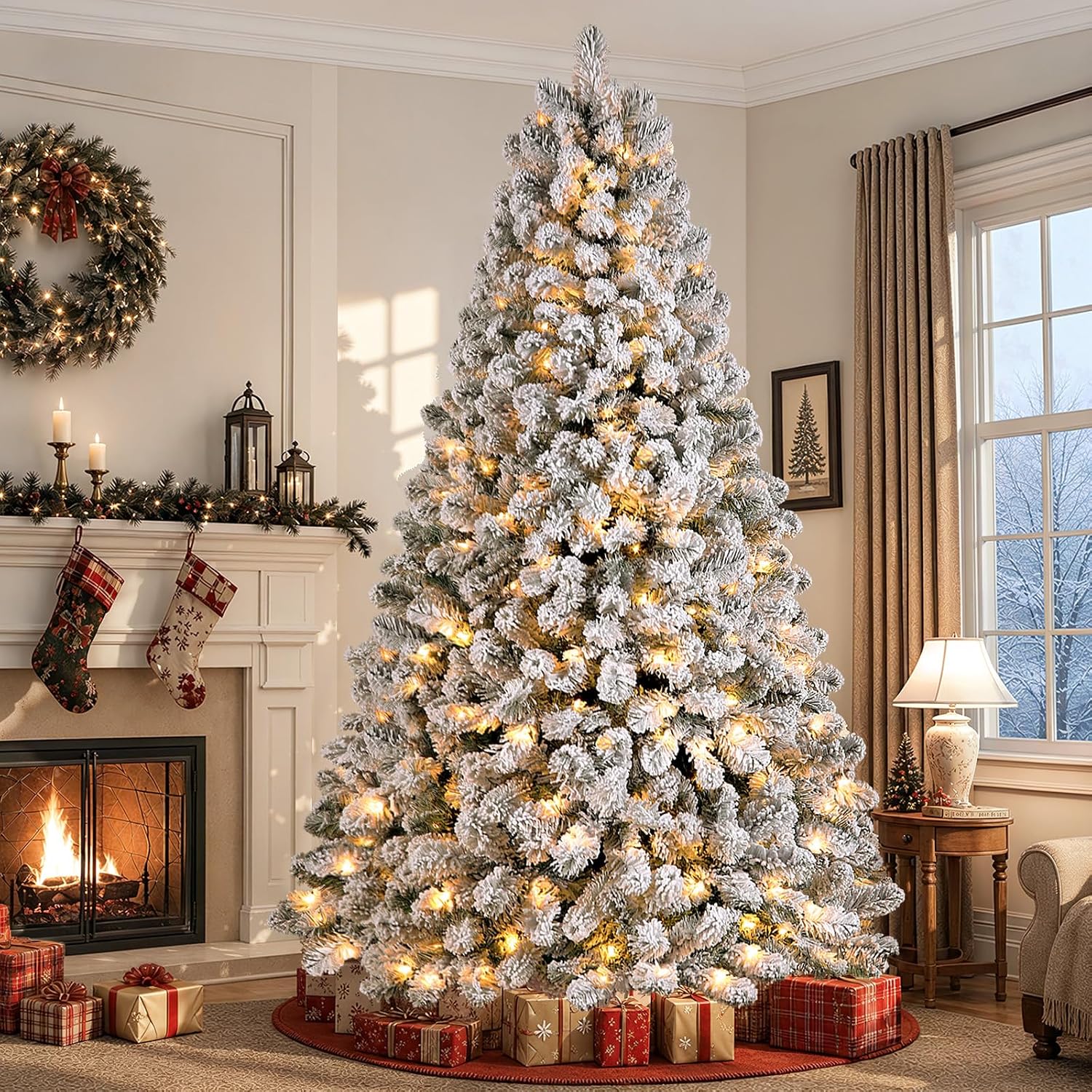 Detalle de SHareconn 7 ft Snow-Flocked Pre-Lit Artificial Christmas Tree, 300 Warm White Lights