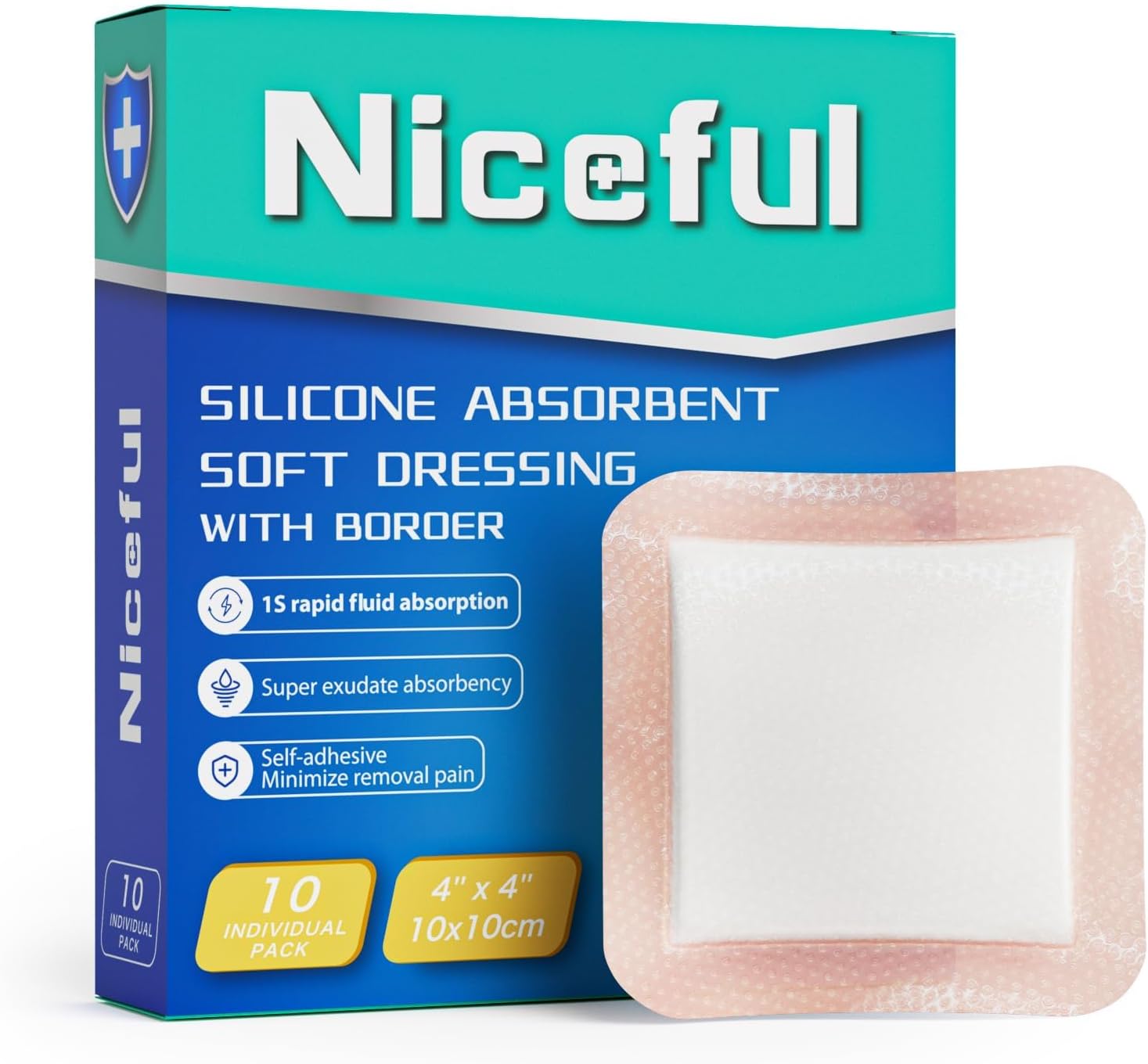 Detalle de Niceful Silicone Wound Dressings, 4" x 4", 10-Pack, Self-Adhesive
