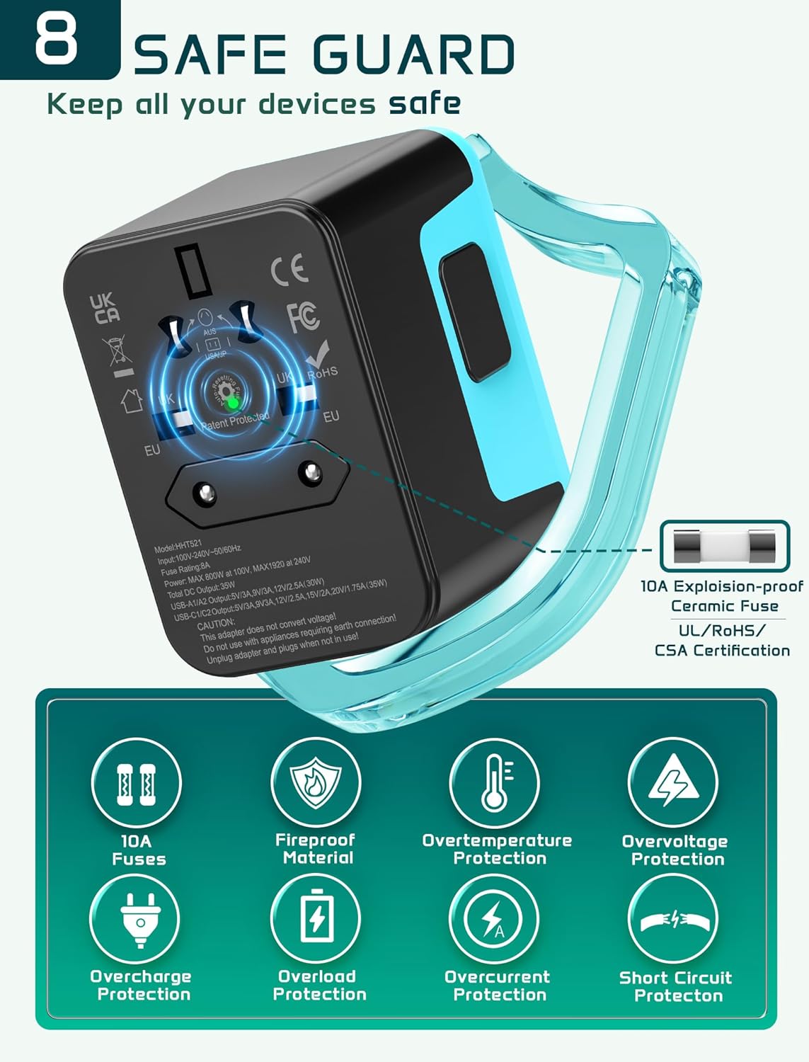 Thumbnail 6 de TECSIX Reiseadapter Weltweit – universeller Reisestecker mit 35W PD, 2× USB-C, 2× USB-A und AC-Steckdose