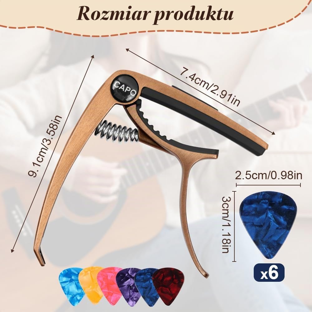 Detalle 2 de Aomig 4315808 kapodaster gitarowy ze stopu cynku, sprężynowy, z 6 kostkami
