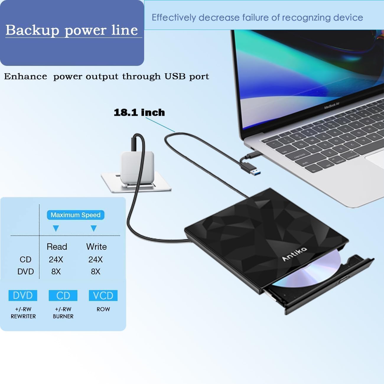 Thumbnail 1 de Antika Externe CD/DVD-Laufwerk mit Type-C USB 3.0 – Brenner, Reader und Backup-Power für Laptop, PC und Mac