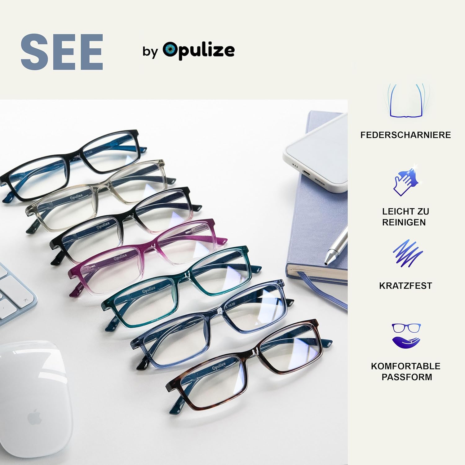 Thumbnail 3 de OPULIZE SEE Blaulichtfilter Lesebrille – 2er-Pack, Rechteckrahmen, Federscharnier, UV400 Schutz