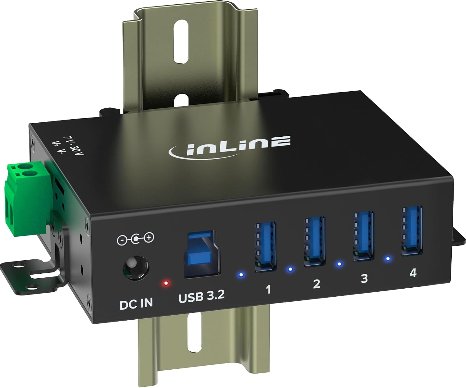 Detalle de InLine 35396A – przemysłowy koncentrator USB 3.2 Gen.1, 4 porty, obudowa aluminiowa