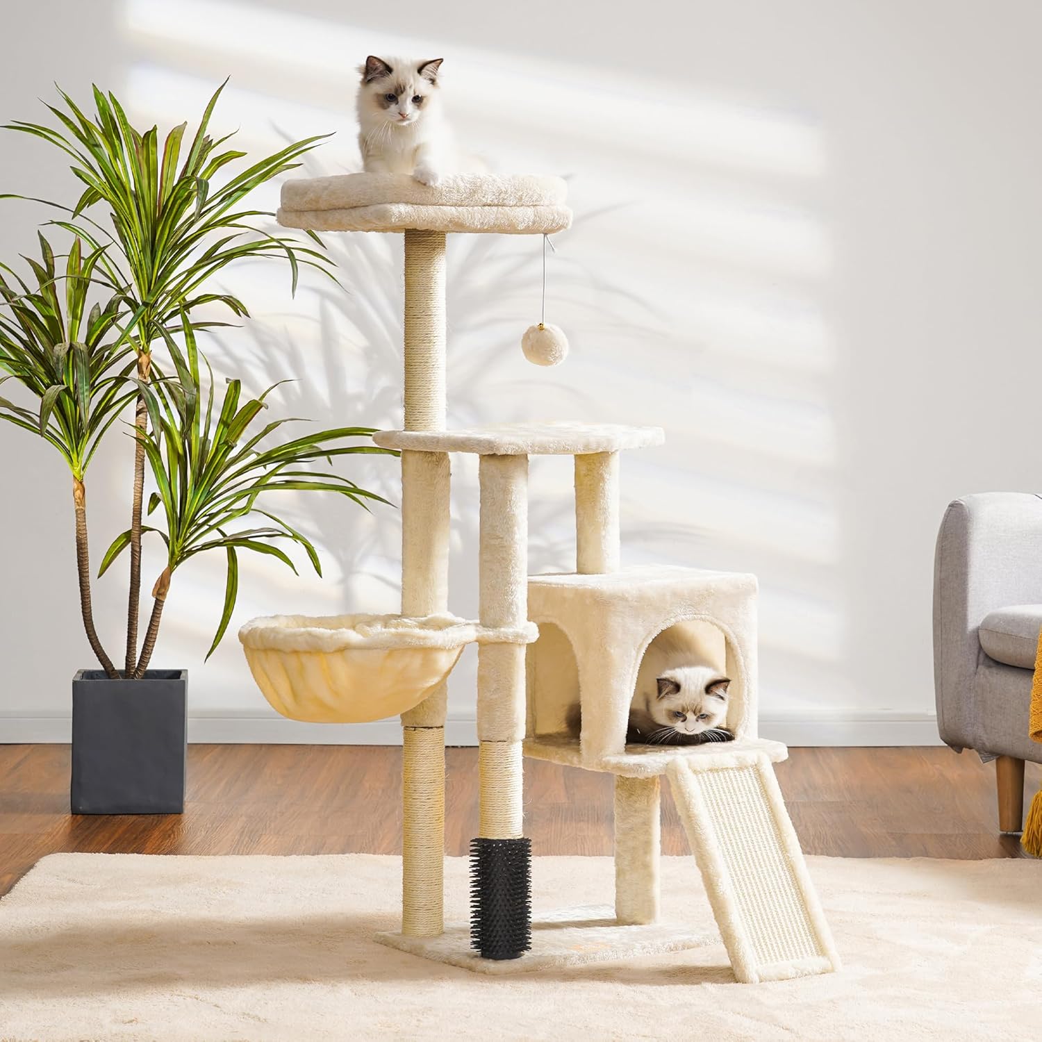 Detalle de Heybly Cat Tree with Self Groomer Brush (108cm) HCT005SM – beige cat tower with scratching post, padded perch & basket