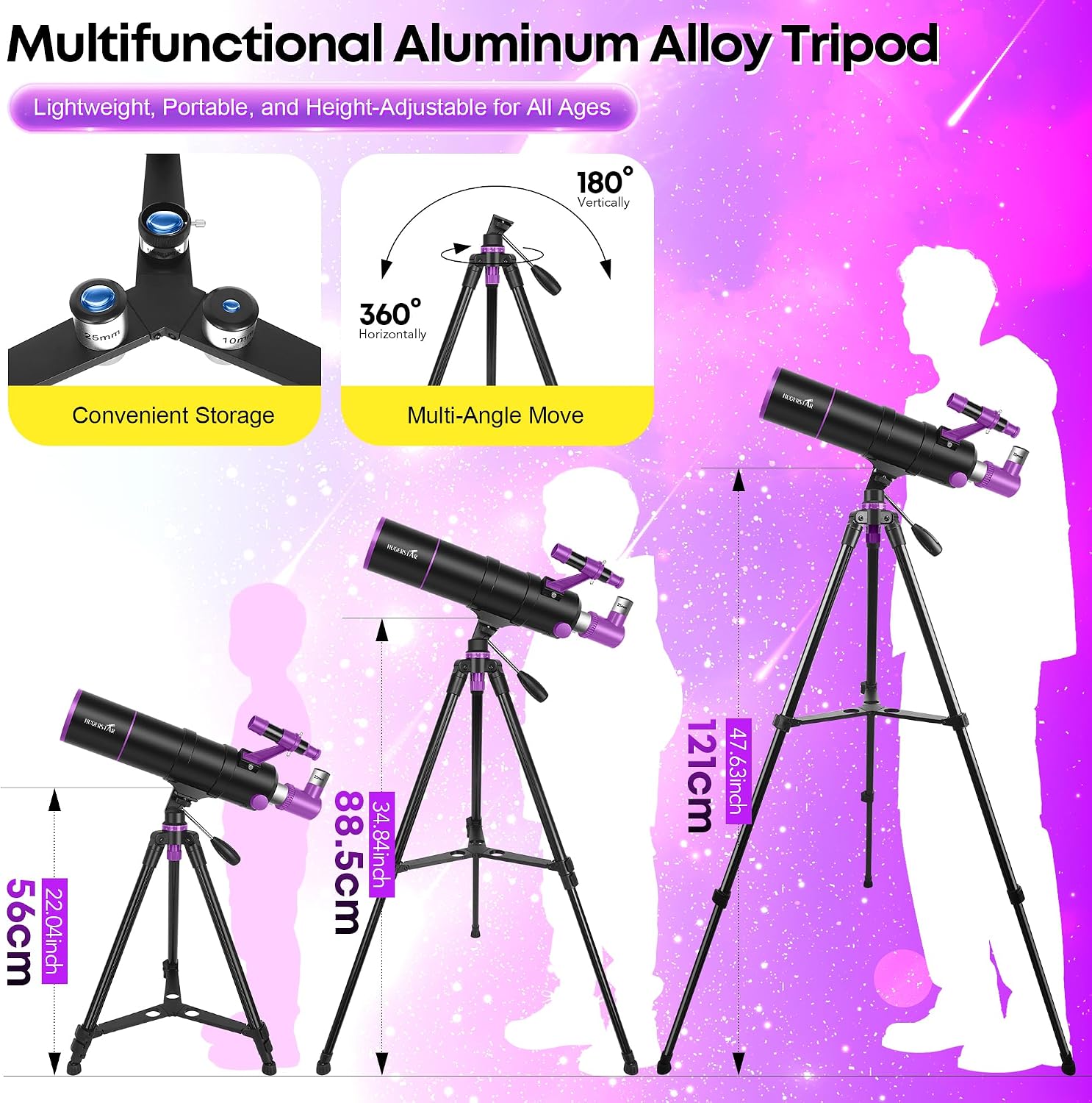 Detalle de HUGERSTAR telescopio astronomico rifrattore 90/550 mm con treppiede regolabile, filtro lunare e adattatore per smartphone
