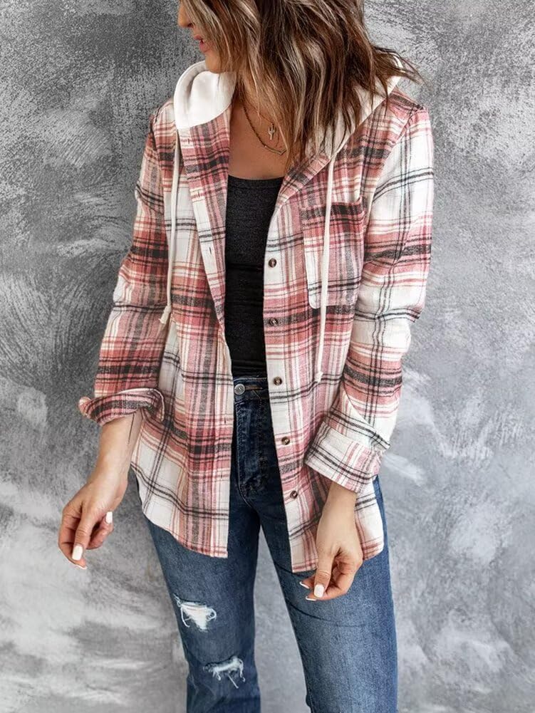 Detalle de LACOZY Women's Flannel Checked Shirt Hoodie – Loose Fit, Button-Down Buffalo Plaid Sweatshirt
