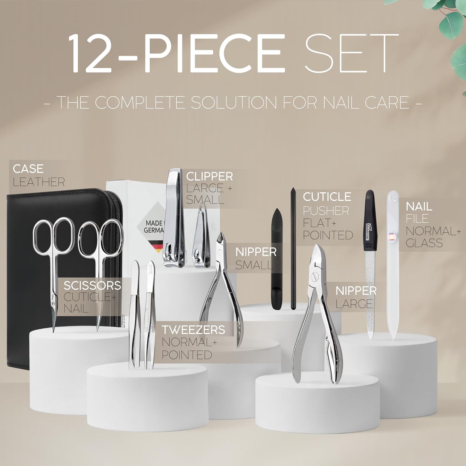 Detalle de Solingen 12-Piece Manicure Set for Women and Men – German-Made, Leather Case, Travel-Ready