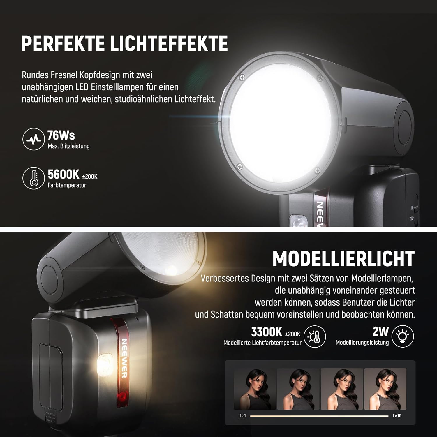 Detalle de NEEWER Z2-S TTL Blitzkopf für Sony – 76W Leistung, HSS 1/8000, TTL/M-Modus, 2600mAh Akku