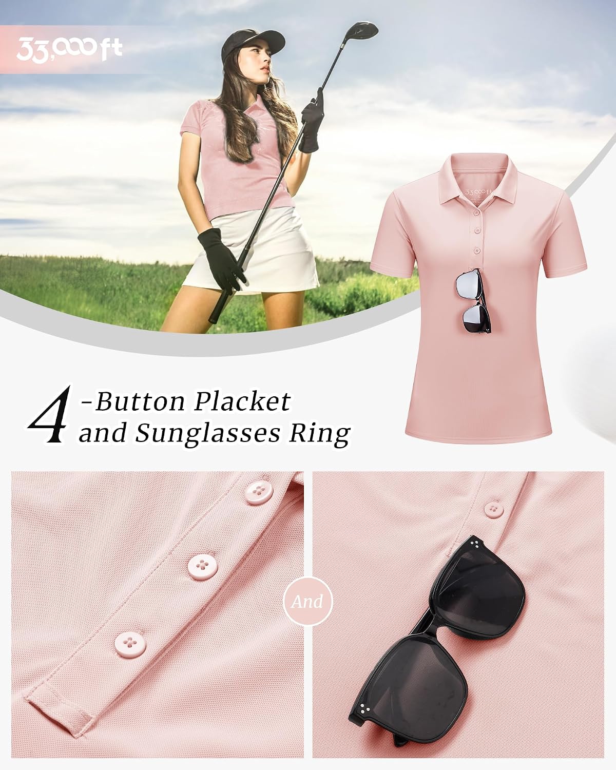 Detalle 2 de 33,000ft Damen Poloshirt Golf Shirt – UV-Schutz, Feuchtigkeitsmanagement & Schnelltrocknend
