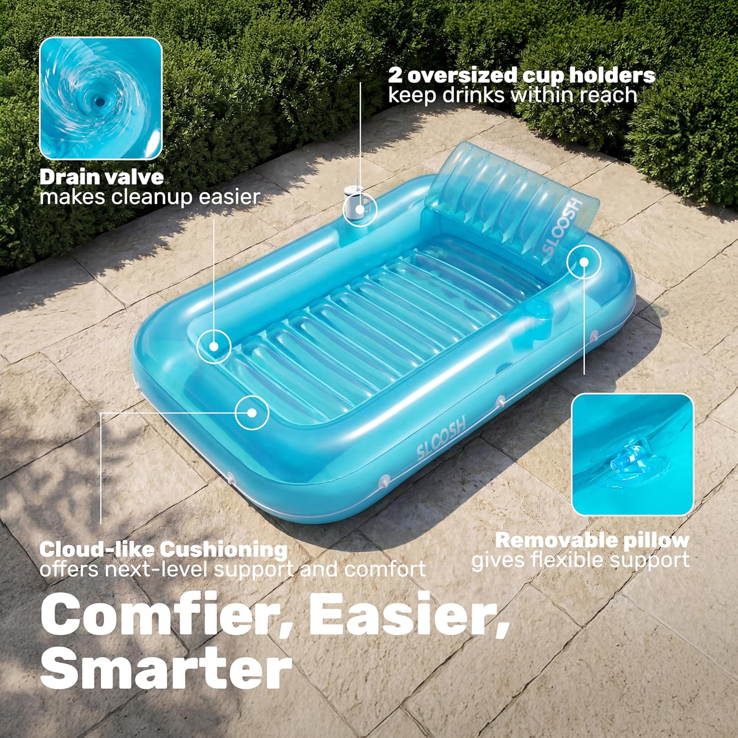 Detalle de Sloosh Inflatable Tanning Pool Lounger Float (85" x 57") — XL Blue 4-in-1 Suntan Tub Raft Lounge