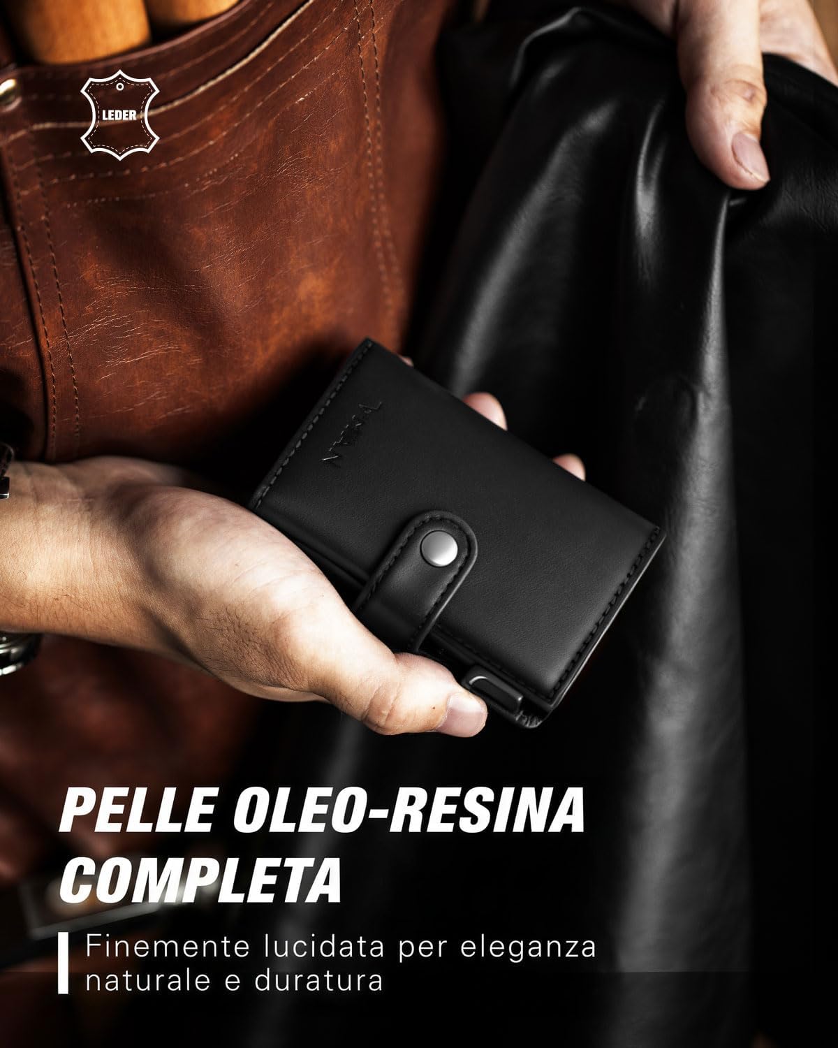 Detalle de VMAN Portafoglio Uomo Slim con RFID – Nero, Pelle PienoFiore, 8–11 Carte