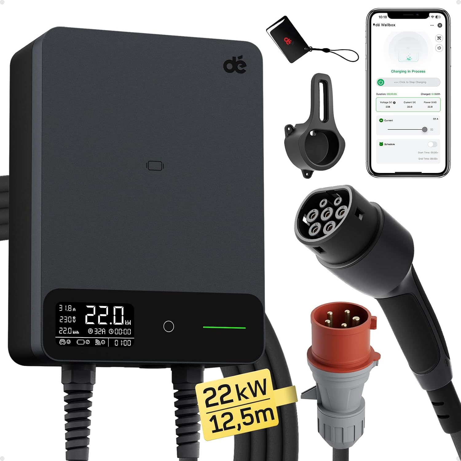 Detalle de dé Wallbox 22kW per ricarica auto elettriche con APP e RFID, trifase, Tipo 2, cavo 12,5 m, IP54 e RCD Tipo B