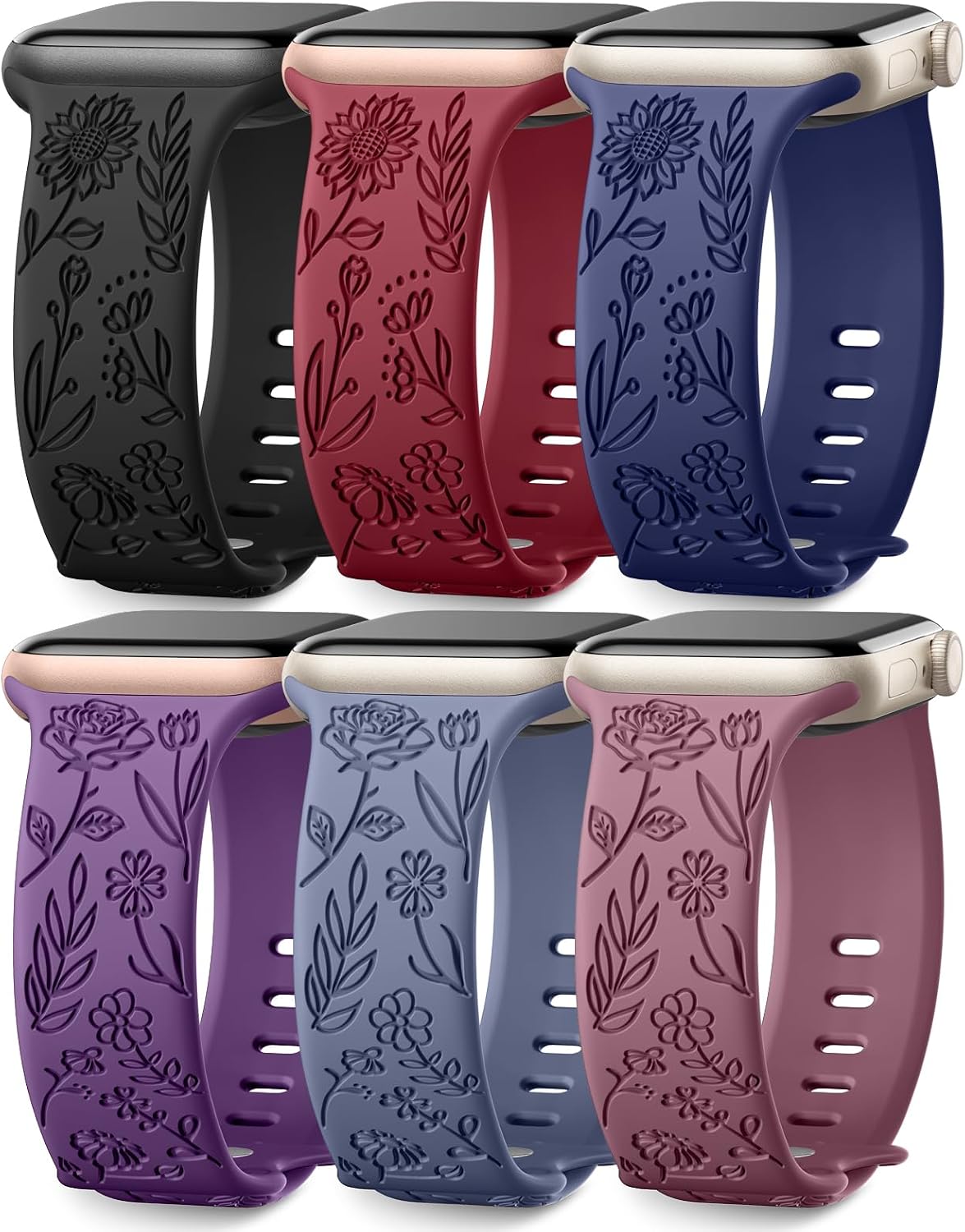 Detalle de SNBLK Floral Engraved Apple Watch Bands, 6-Pack Silicone Straps
