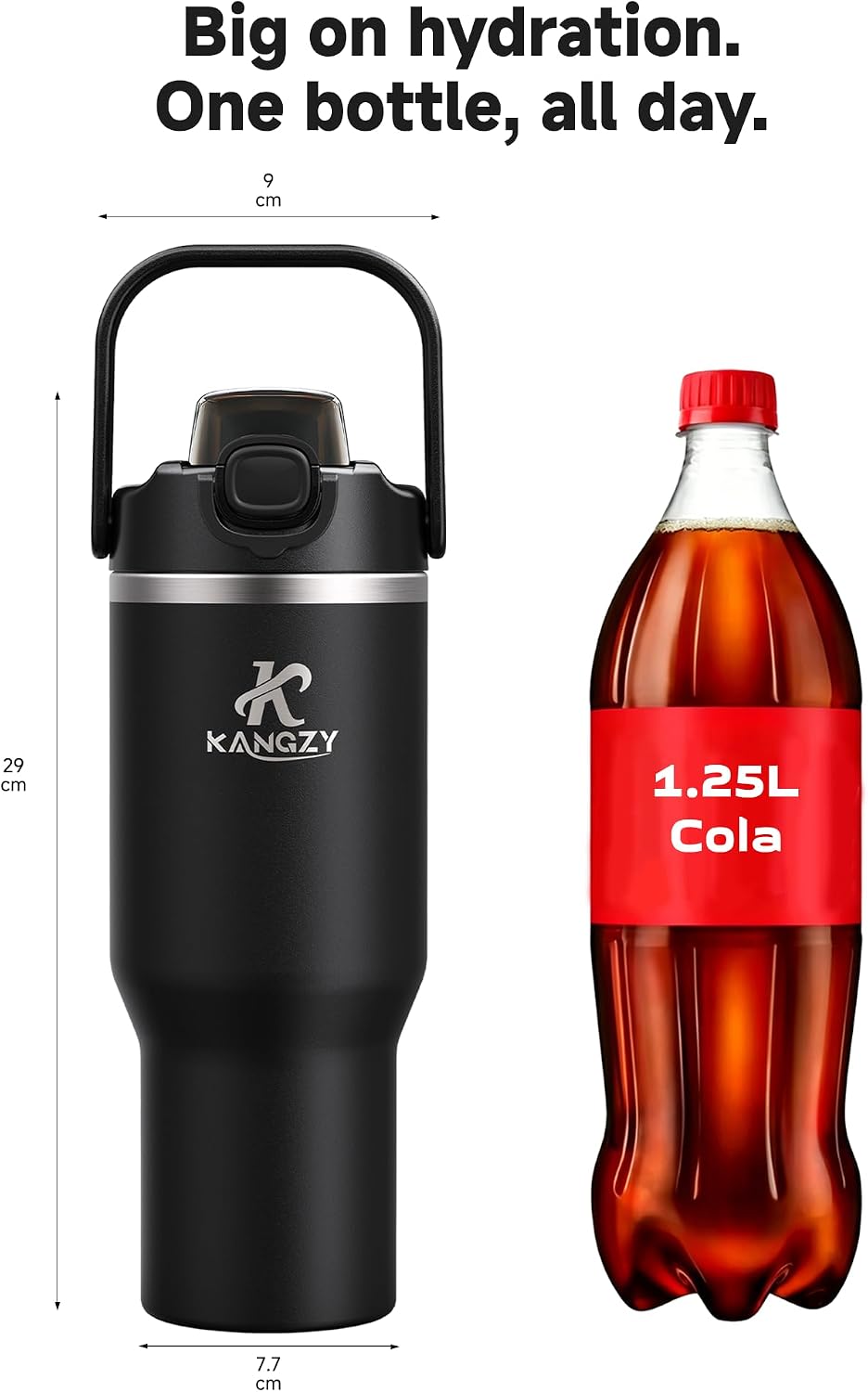Detalle 2 de KANGZY 1L/32oz Vacuum Insulated Metal Water Bottle with 2-in-1 Straw & Spout Lid – Jet Black