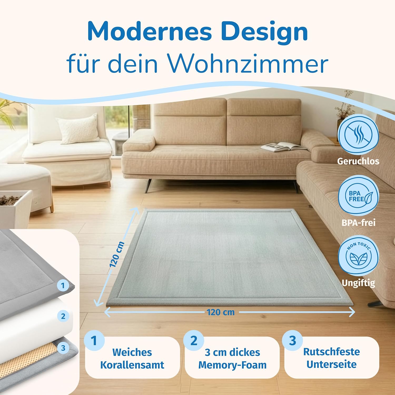 Detalle de BabybeFun Krabbelmatte Baby – 120x120 cm, 3 cm Dicke, kuschelig weich, rutschfeste Schaumpolsterung