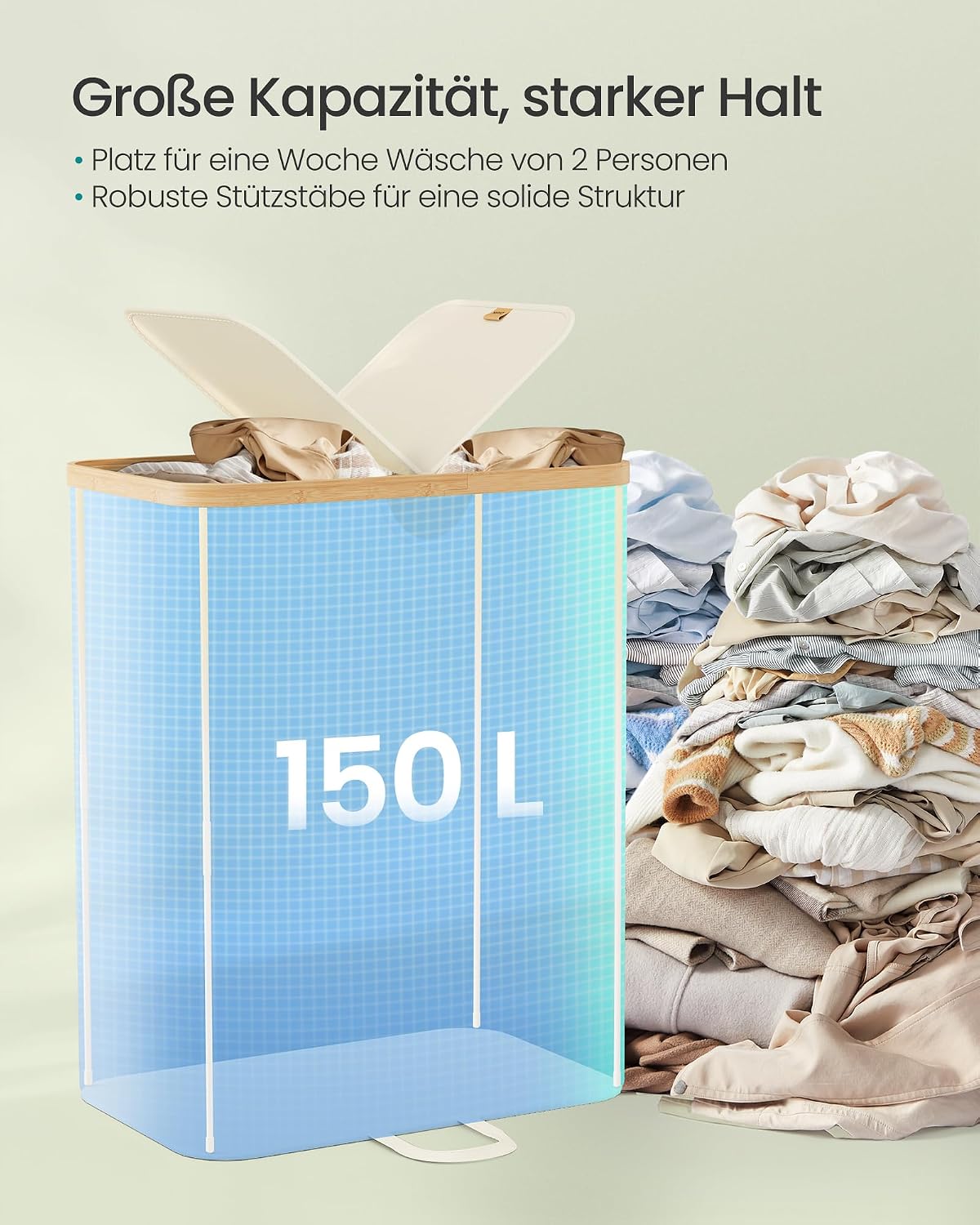 Detalle de SONGMICS Wäschekorb mit 2 Fächern und Deckel (150 Liter) LCB523W01 – Wäschesortierer für zwei Säcke