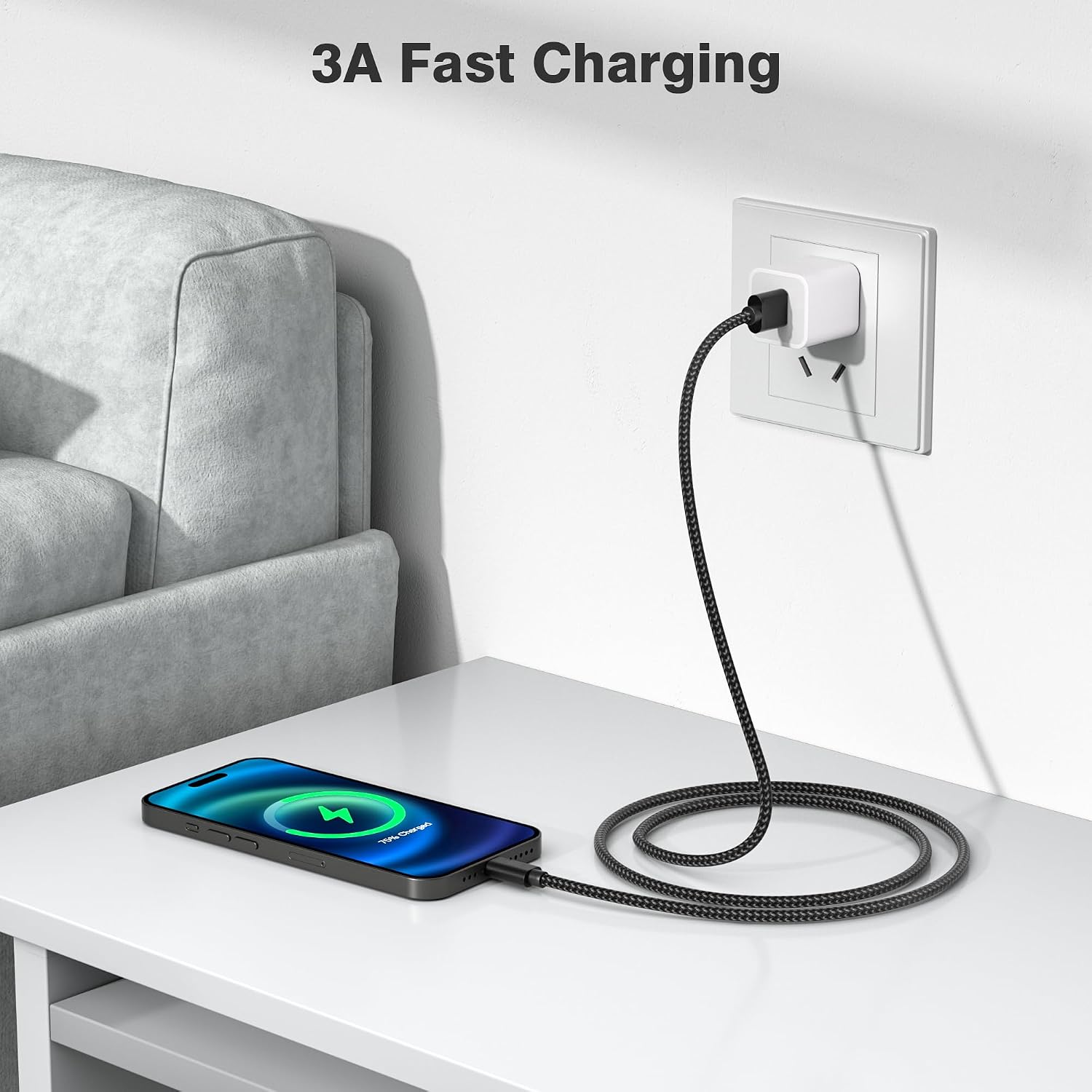 Detalle de Elebase USB A to USB‑C Car Charger Cable 3‑Pack for iPhone 17 Pro Max and More (0.5m / 1m / 2m)