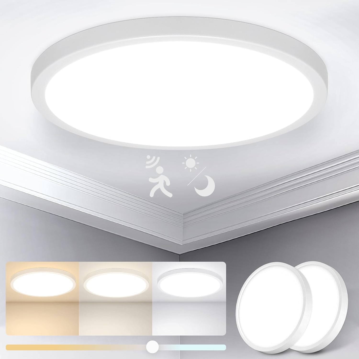 Detalle de Yafido LED-taklampa 24 W med radarsensor, IP44 och tre färgtemperaturer, 2-pack