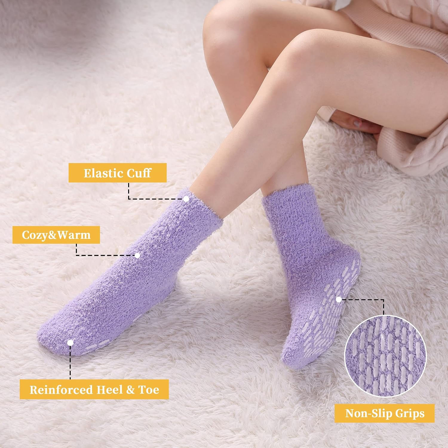 Detalle de FNOVCO Fuzzy Slipper Socks for Women, Warm Plush Fabric and Non-Slip Grips