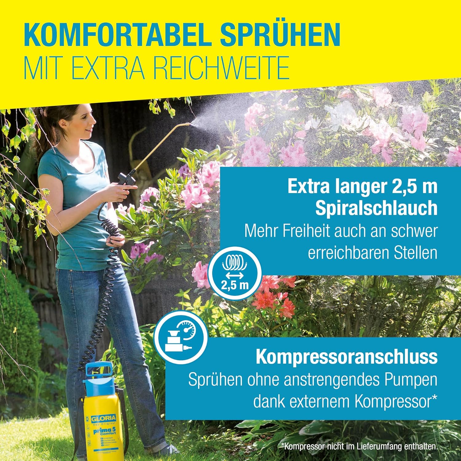 Thumbnail 3 de GLORIA Drucksprüher prima 5 Comfort – 5 L Gartenspritze mit Spiralschlauch und Kompressoranschluss