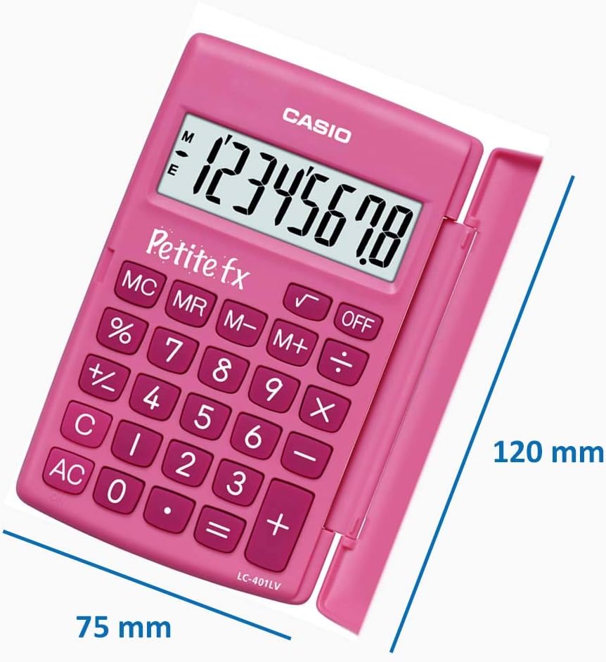 Detalle de CASIO Small FX LC-401LV skolräknare, rosa med 8-siffrig display och vridbart lock