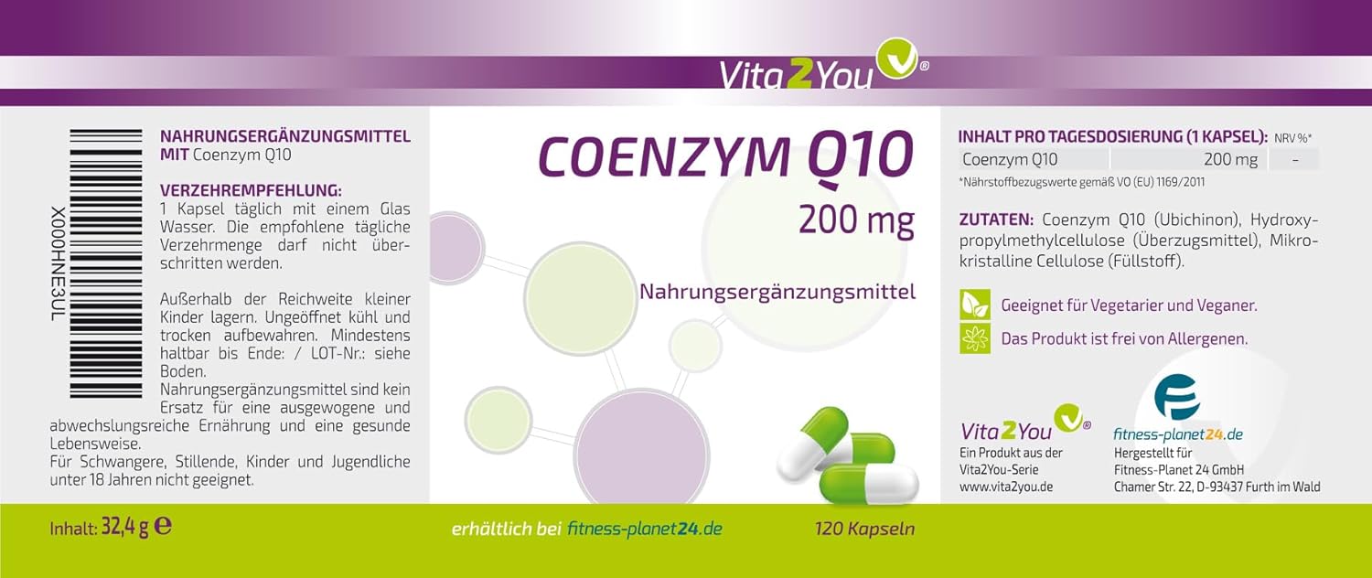 Thumbnail 5 de Vita2You Coenzym Q10 200 mg (Ubichinon) – 120 Kapseln, vegan
