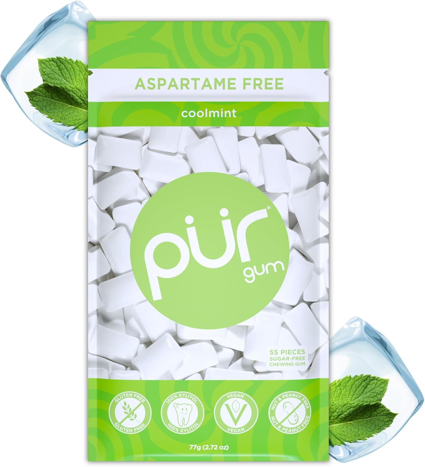 Detalle de PUR Gum Peppermint – Chewing-Gum sans sucre au xylitol, végan, sans gluten et sans ASPARTAME, 55 pièces (lot de 3)