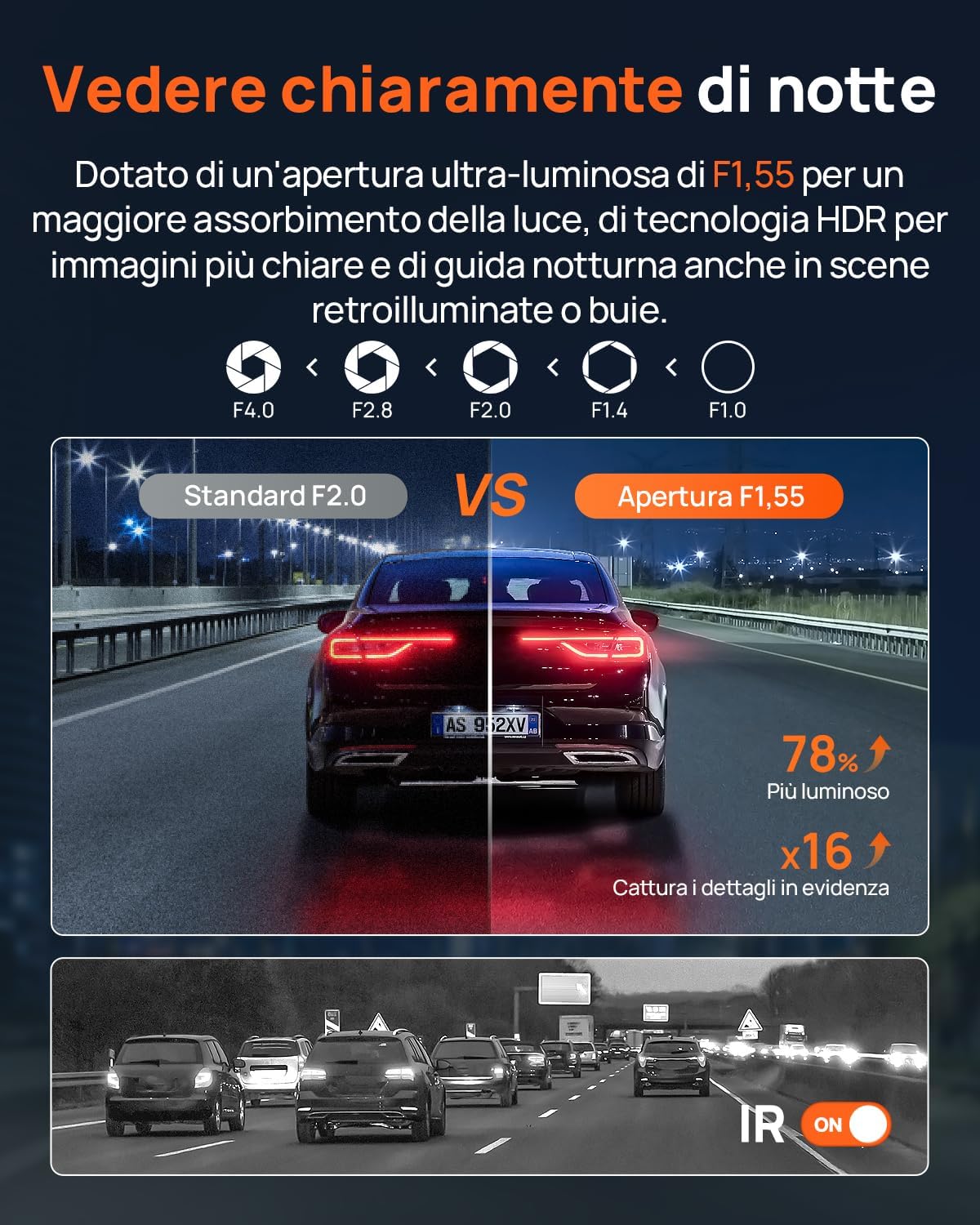Thumbnail 2 de 70mai A800SE Dashcam 4K+1080P GPS WiFi, doppia telecamera anteriore/retrocamera con schermo 3" e ADAS