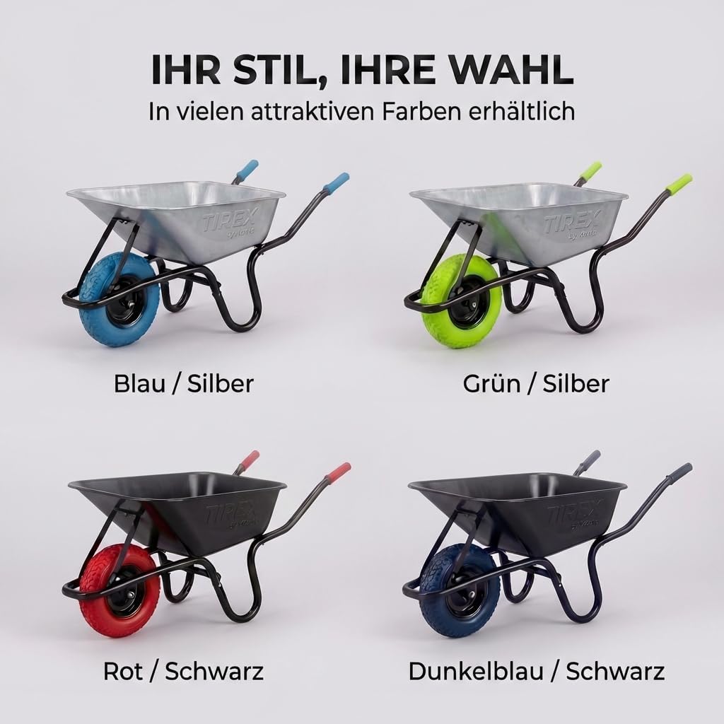 Detalle de TIREX by xonic Schubkarre mit Stahlfelge – verzinkte Wanne bis 250 kg / 100 l, PU-Vollgummi-Rad (Blau/Silber)