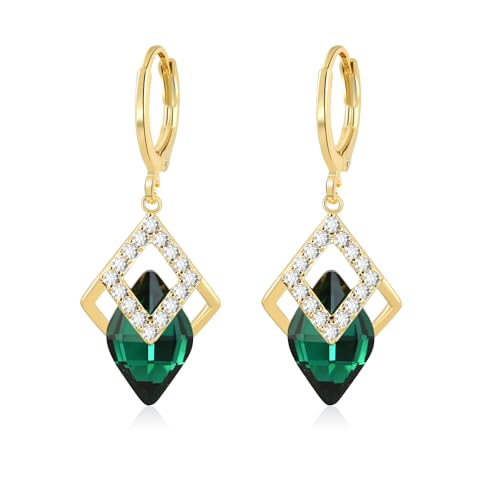 Detalle de Aliyoham Emerald Green Hoop Earrings with Cubic Zirconia – 18K Gold Plated Dangle Hoops