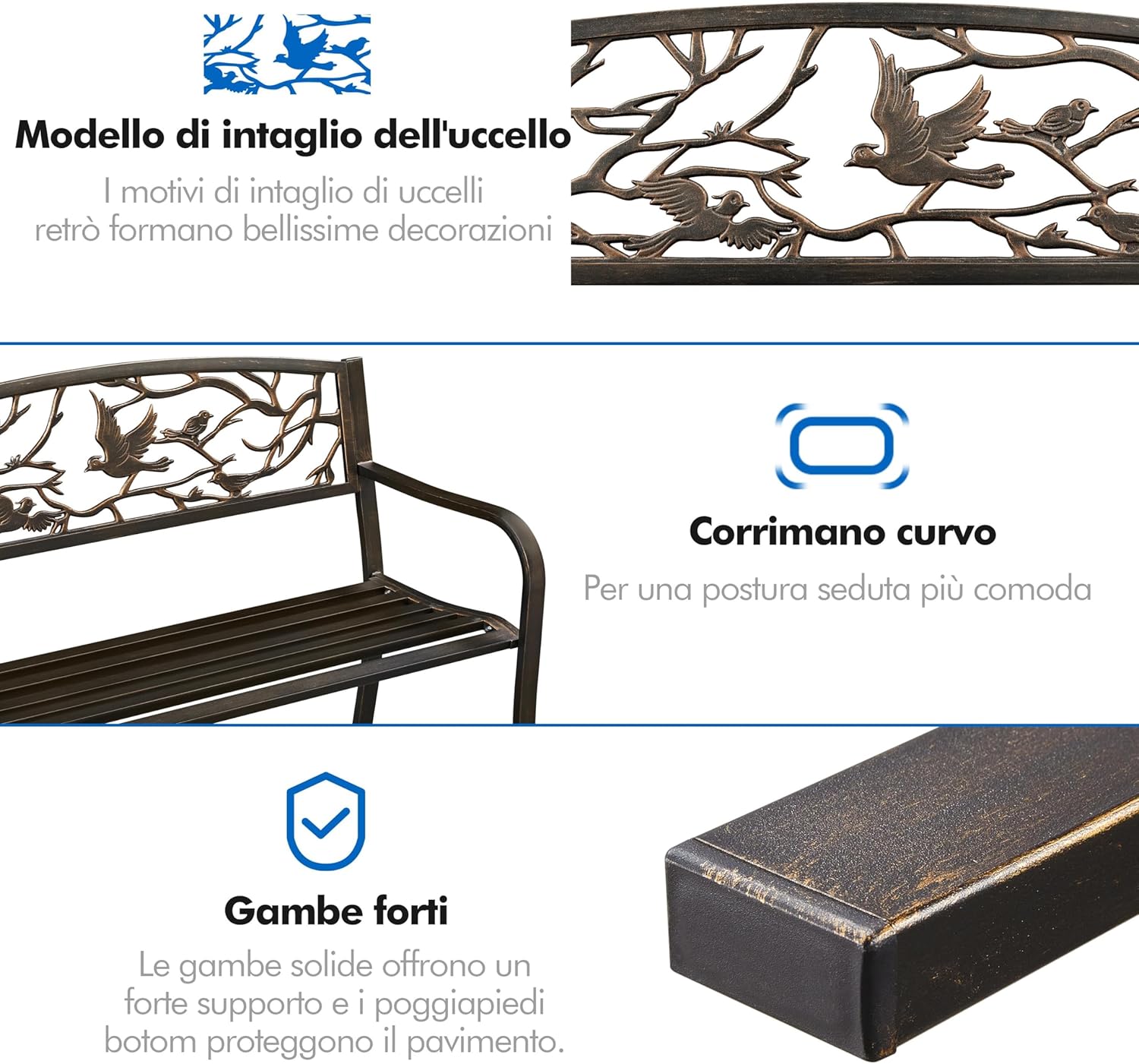 Thumbnail 3 de Yaheetech Panca da Giardino in Ferro 127 cm: stile chic e robustezza con braccioli e schienale decorato
