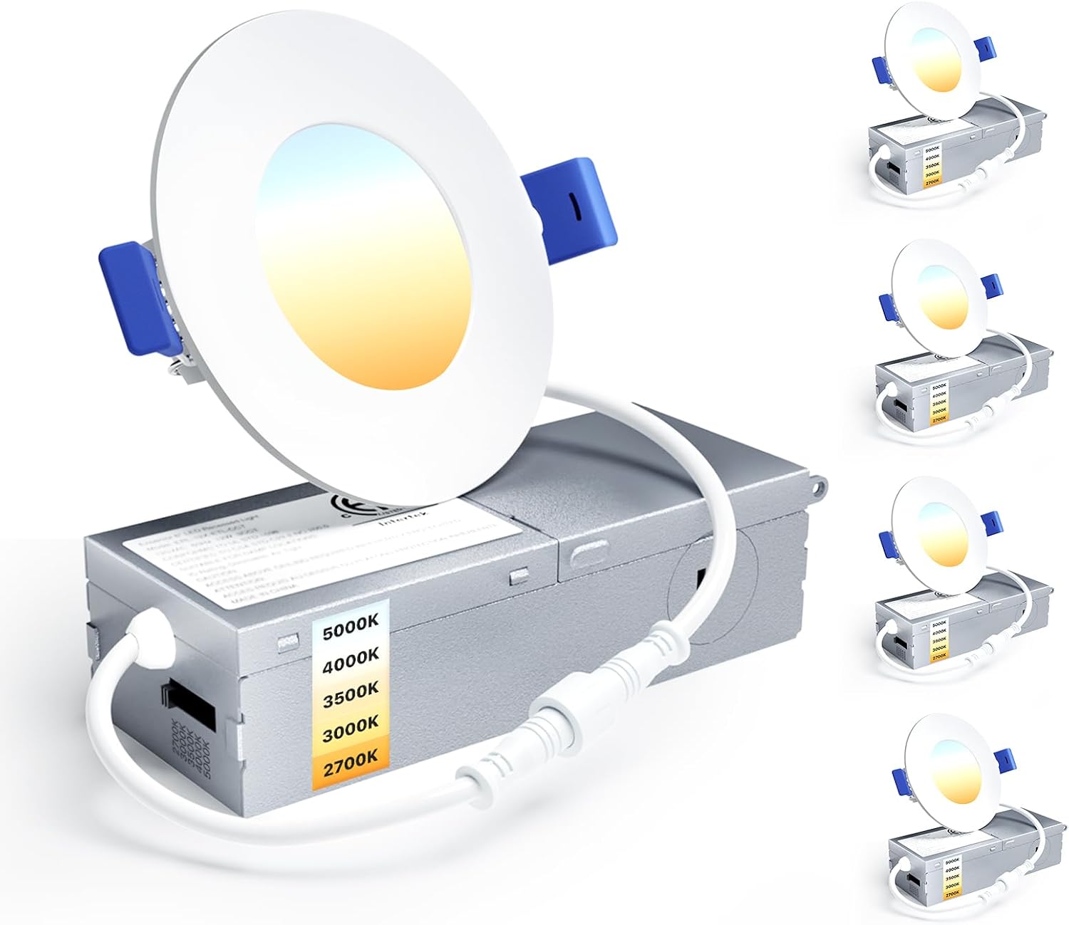 Detalle de Ensenior 3-Inch Canless LED Recessed Lights, 4-Pack, 5CCT Dimmable, 500 Lumens