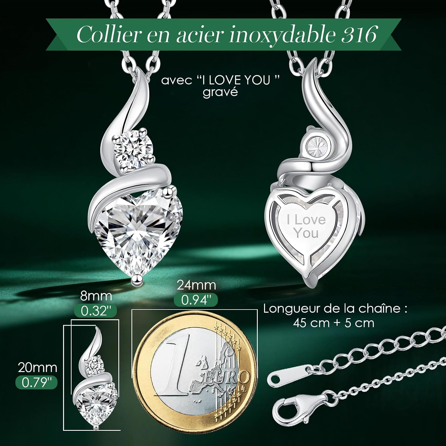 Detalle de LOUISA SECRET Collier femme Infinite Cœur en argent 925 sterling, pendentif et pierre de cœur