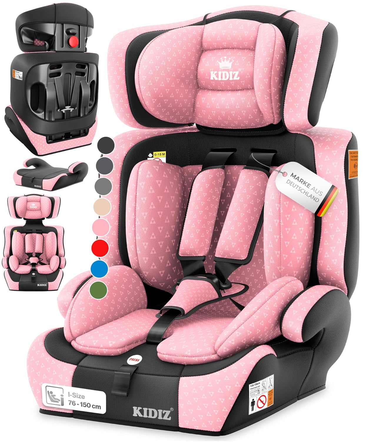 KIDIZ Autokindersitz i-Size R129 (100–150 cm) bis 12 Jahre – Gruppe 1/2/3 ohne Isofix, 5-Punkt-Gurt, Rosa