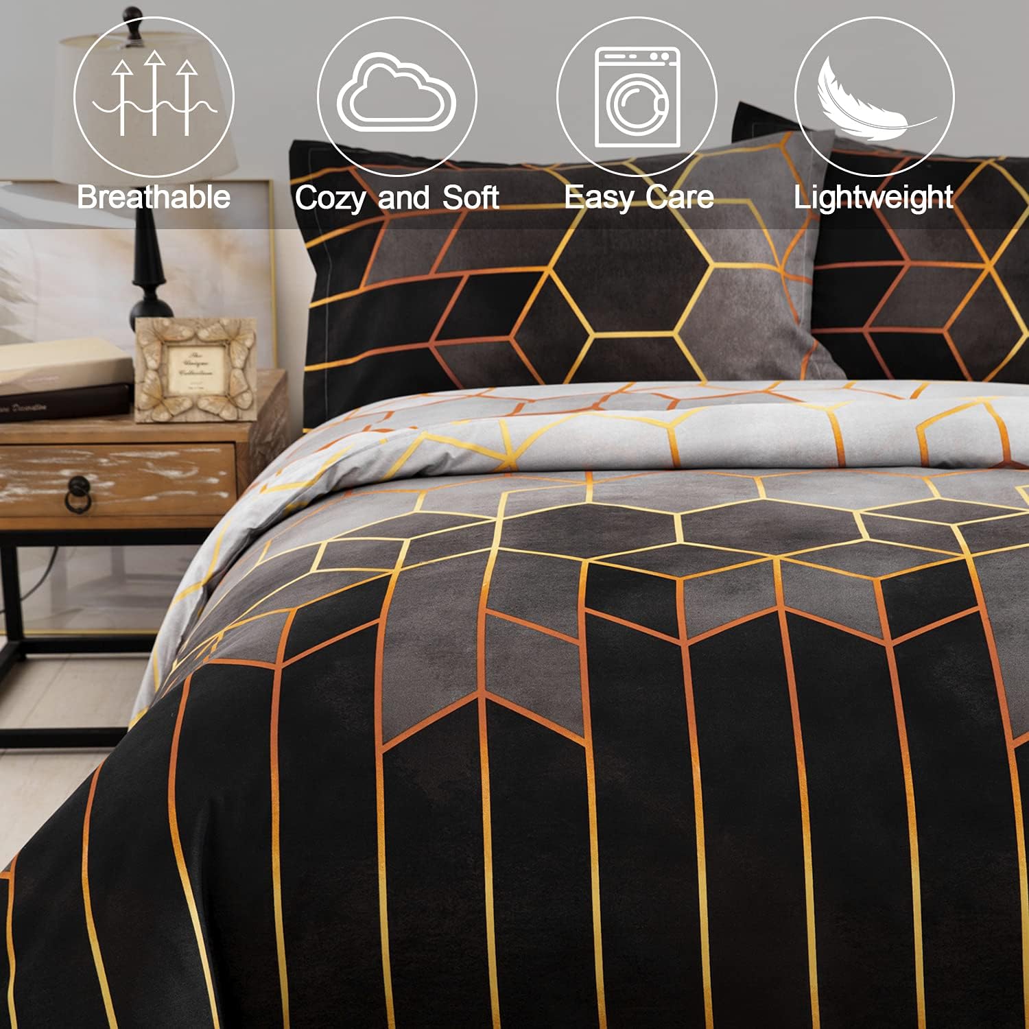 Detalle de DJY Geometric Diamond duvet cover set in soft microfiber (Golden stripes, reversible) – Double