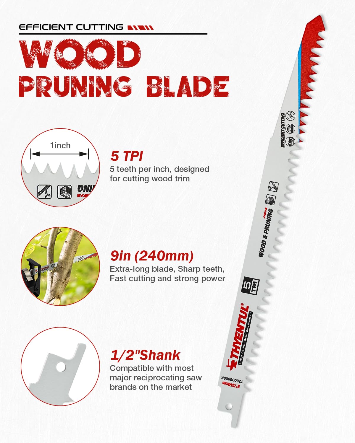 Detalle 2 de THYENTUL R1 9-Inch Pruning Reciprocating Saw Blades, 5 TPI, High-Carbon Steel