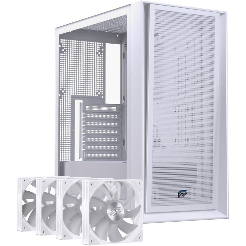 Detalle 1 de Einarex PULSE P600 RGB White: Torre ATX con panel Vidrio/Malla, 3x ventiladores 120 mm