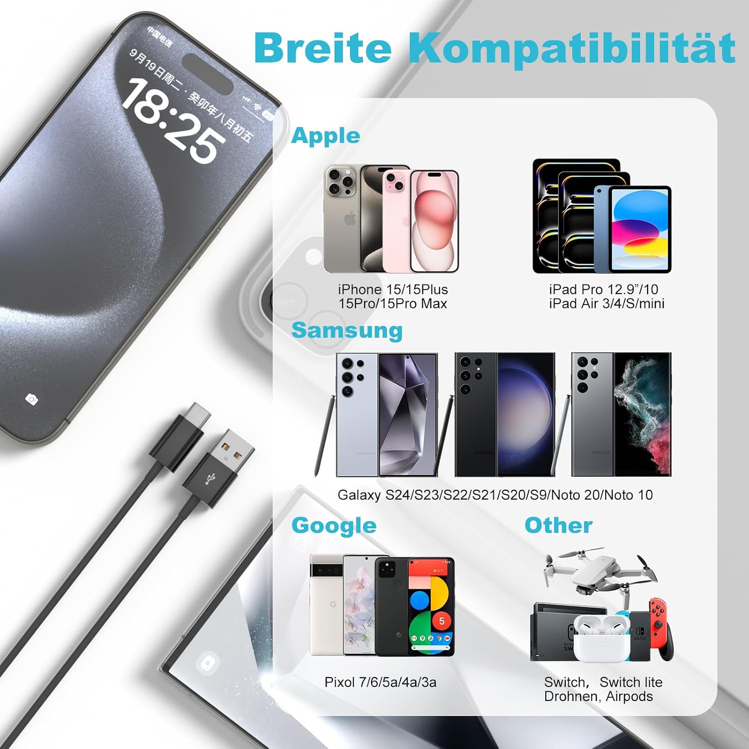 Thumbnail 5 de ANSEIP USB C Ladekabel 1M – CarPlay Kabel für iPhone 15/16, USB-A zu USB-C, kompatibel auch mit iPad & Co.