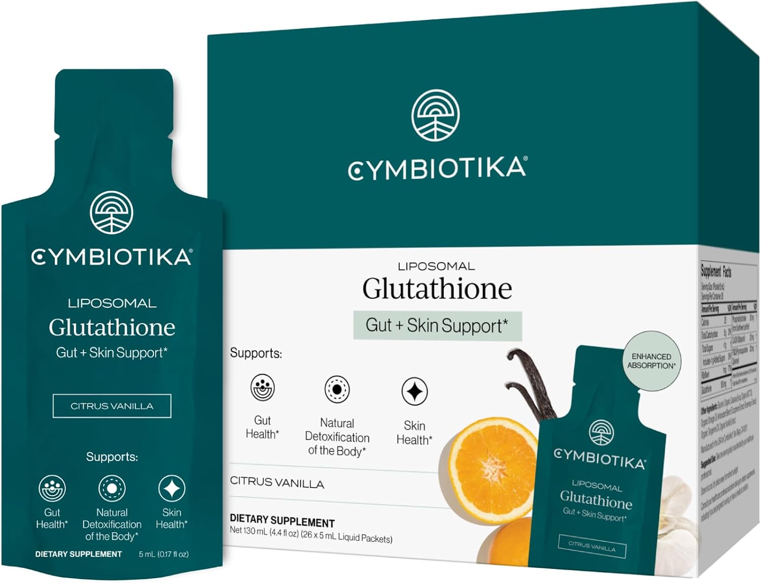 Detalle de CYMBIOTIKA Liposomal Glutathione Supplement with PQQ, CoQ10, Citrus Vanilla, 26 Packets