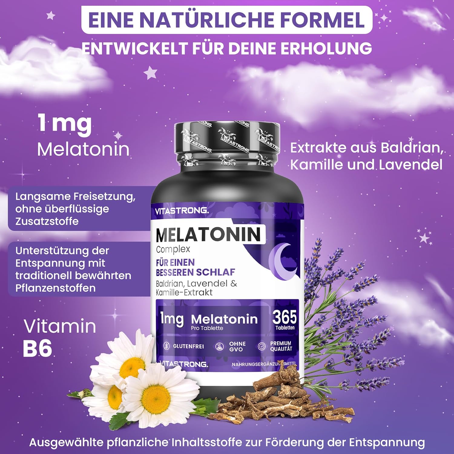 Detalle de Vitastrong Melatonin Komplex 365 Mikro-Tabletten – Hochdosiertes Schlafhilfe mit Kamille, Baldrian, Lavendel & Vitamin B6