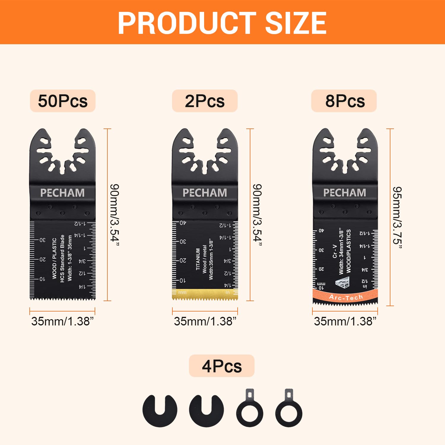 Detalle de PECHAM Tools-001 64-Piece Oscillating Multitool Blades, Titanium-Coated Teeth