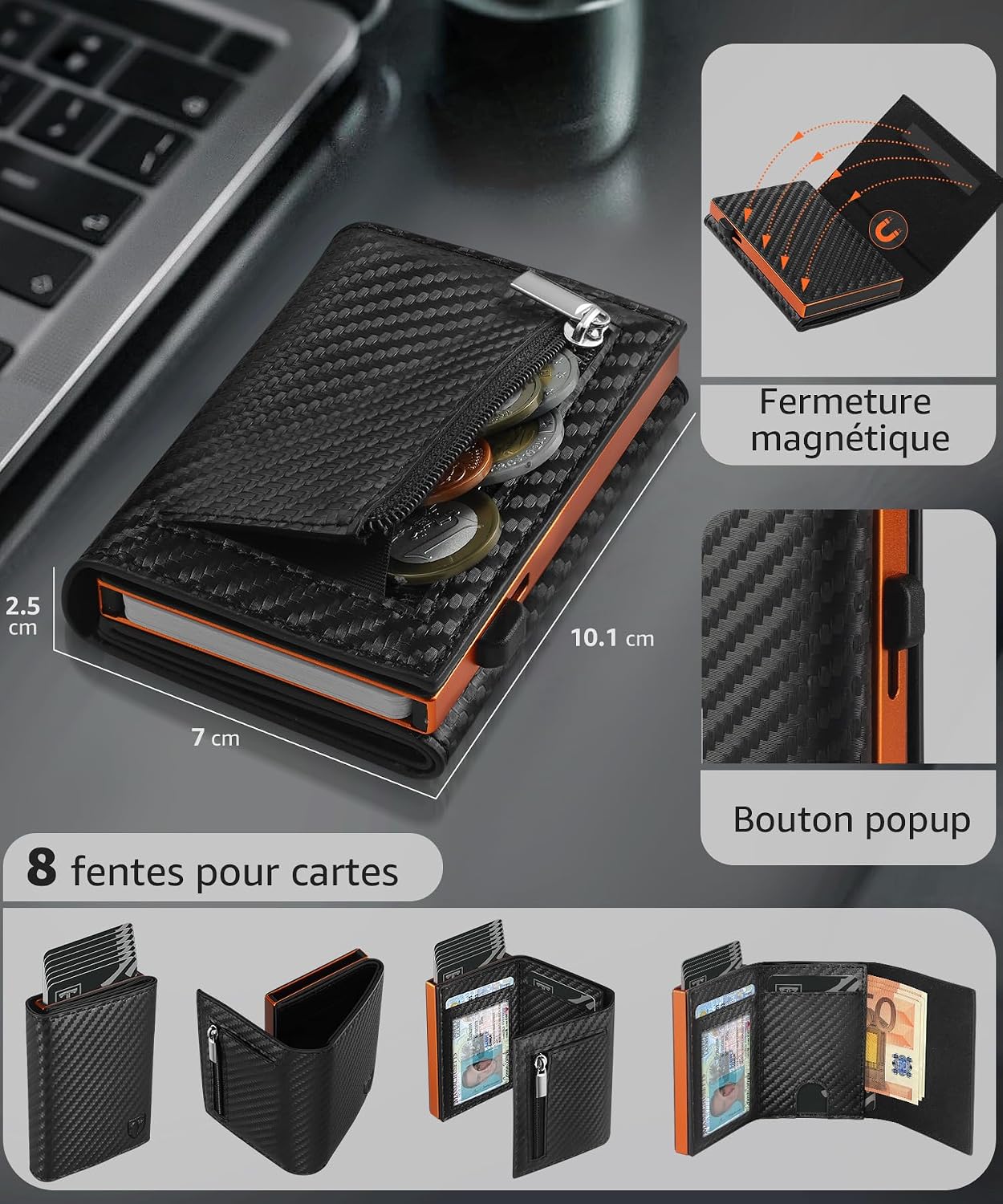 Detalle de Portefeuille Homme en Fibre de Carbone TEEHON – RFID Bloqué, Blocage Magnétique, Porte-Cartes et Billets Noir/Orange
