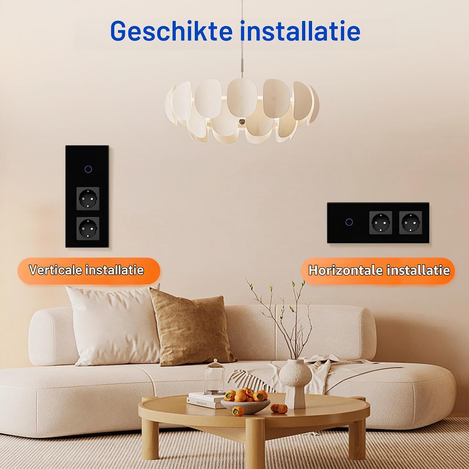 Detalle 1 de BSEED FK86TS11 touch-wandschakelaar met dubbel stopcontact en gehard glas