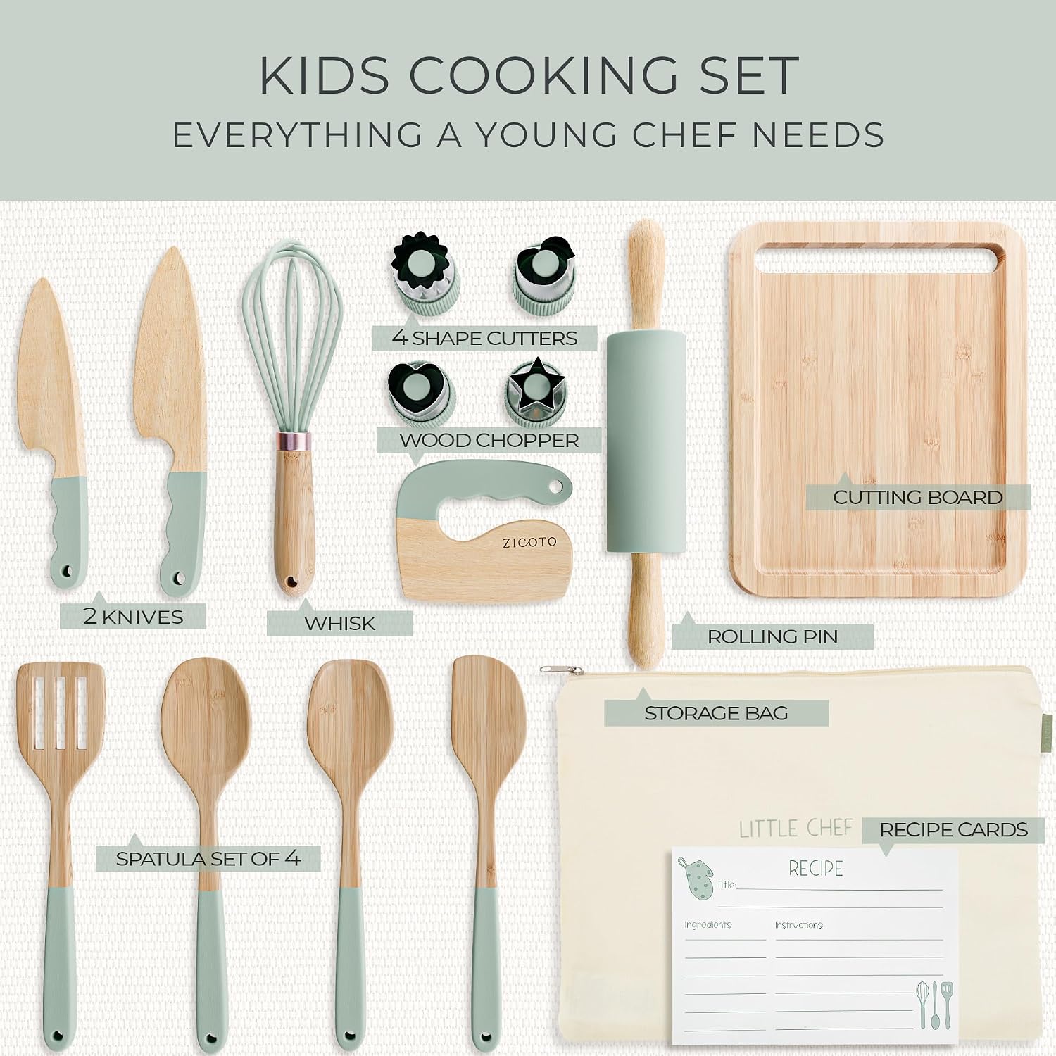 Detalle 1 de ZICOTO zic-kcookset-sag_23-219a Wooden Kids’ Cooking Set, 16-Piece Beech and Bamboo